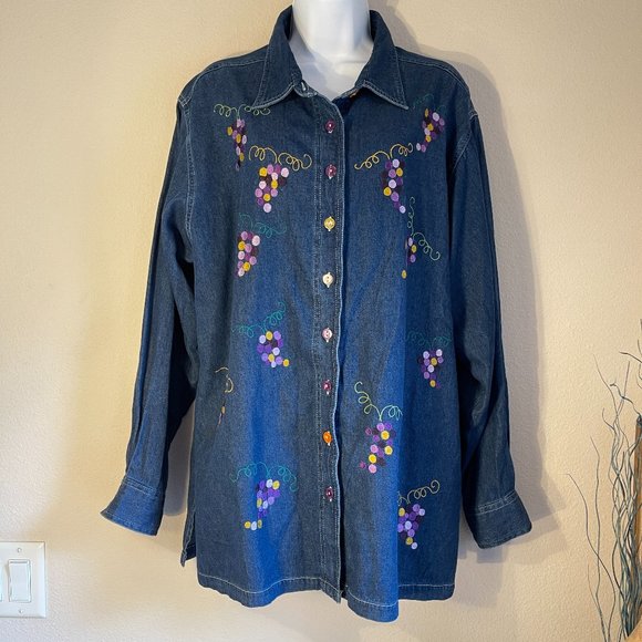 Silver Threads Embroidered Denim Shacket Jacket Grapes Cotton L Vintage - Picture 1 of 6
